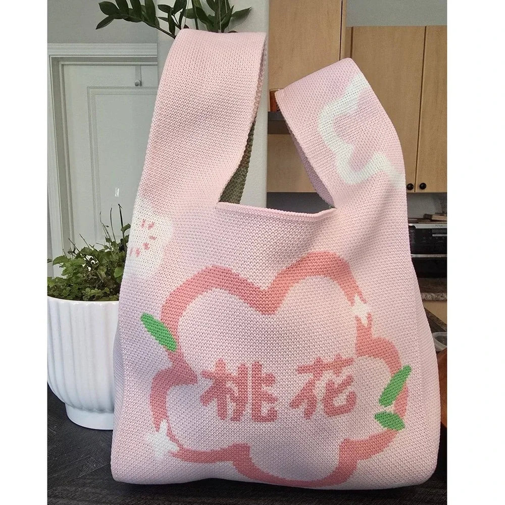 Pink Cherry Blossom Knit Tote Bag Floral Japanese Kanji Handbag - Picture 2 of 3